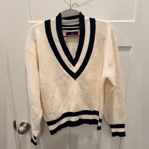 Mango Cream Black Striped V Neck Ribbed Sweater Medium